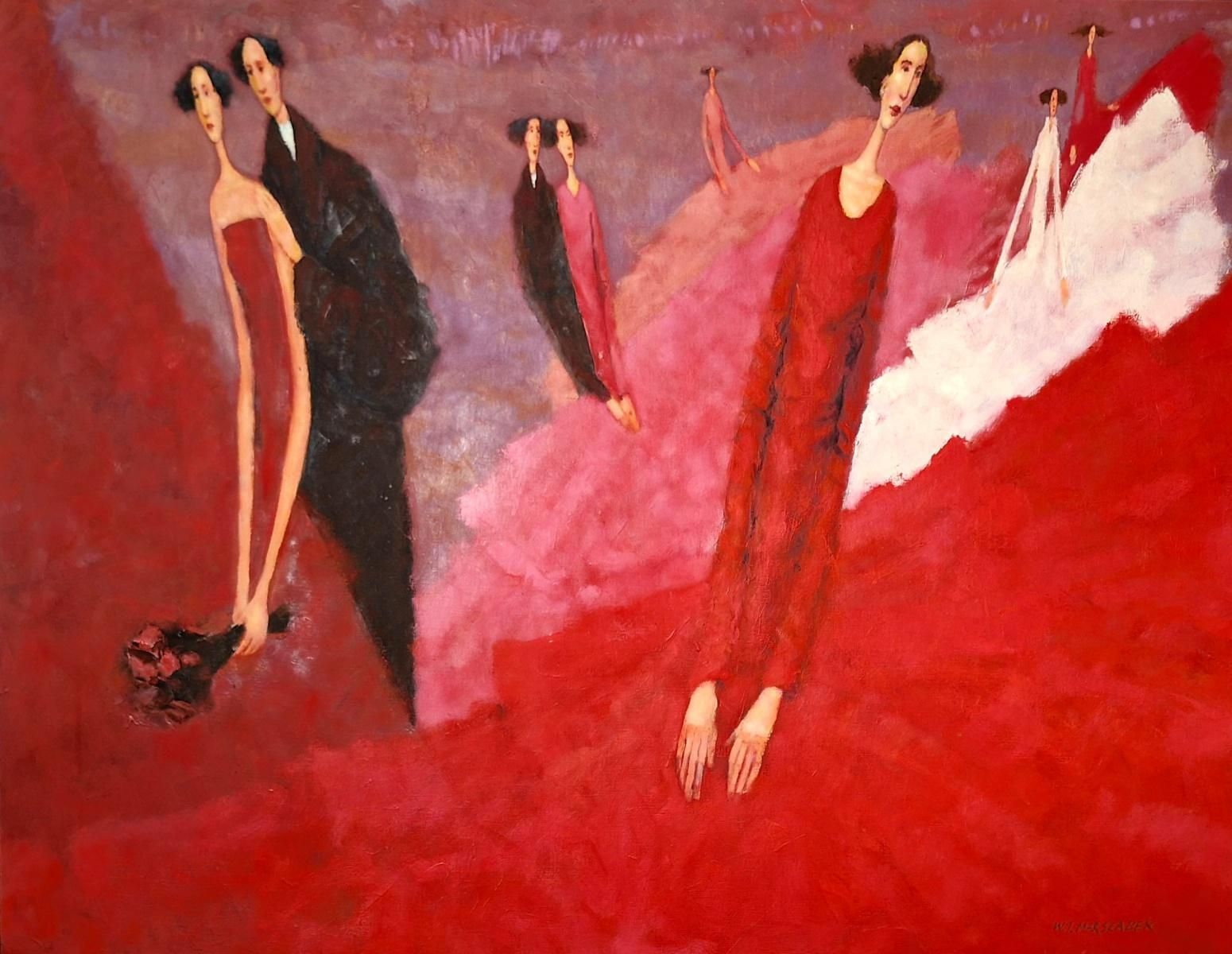 Waldemar Marszałeka Ball. Figurative Oil On Canvas Painting, Monochromatic Red, Polish Artist2000