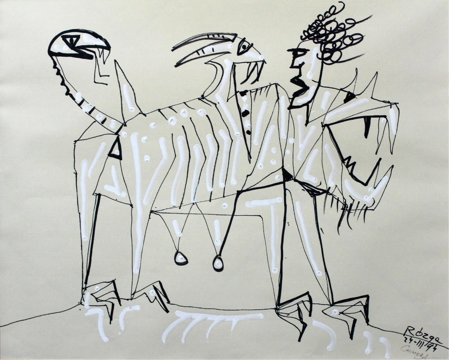Leszek Rózgachimeras   Contemporary Mixed Media Drawing, Mythology, Surreal, Black & White1994