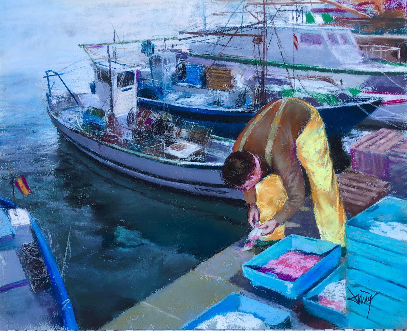 Domingo Alvarez Gomez Sailor Fisherman In His Boat Spain Pastel Painting Seascape C.2000
