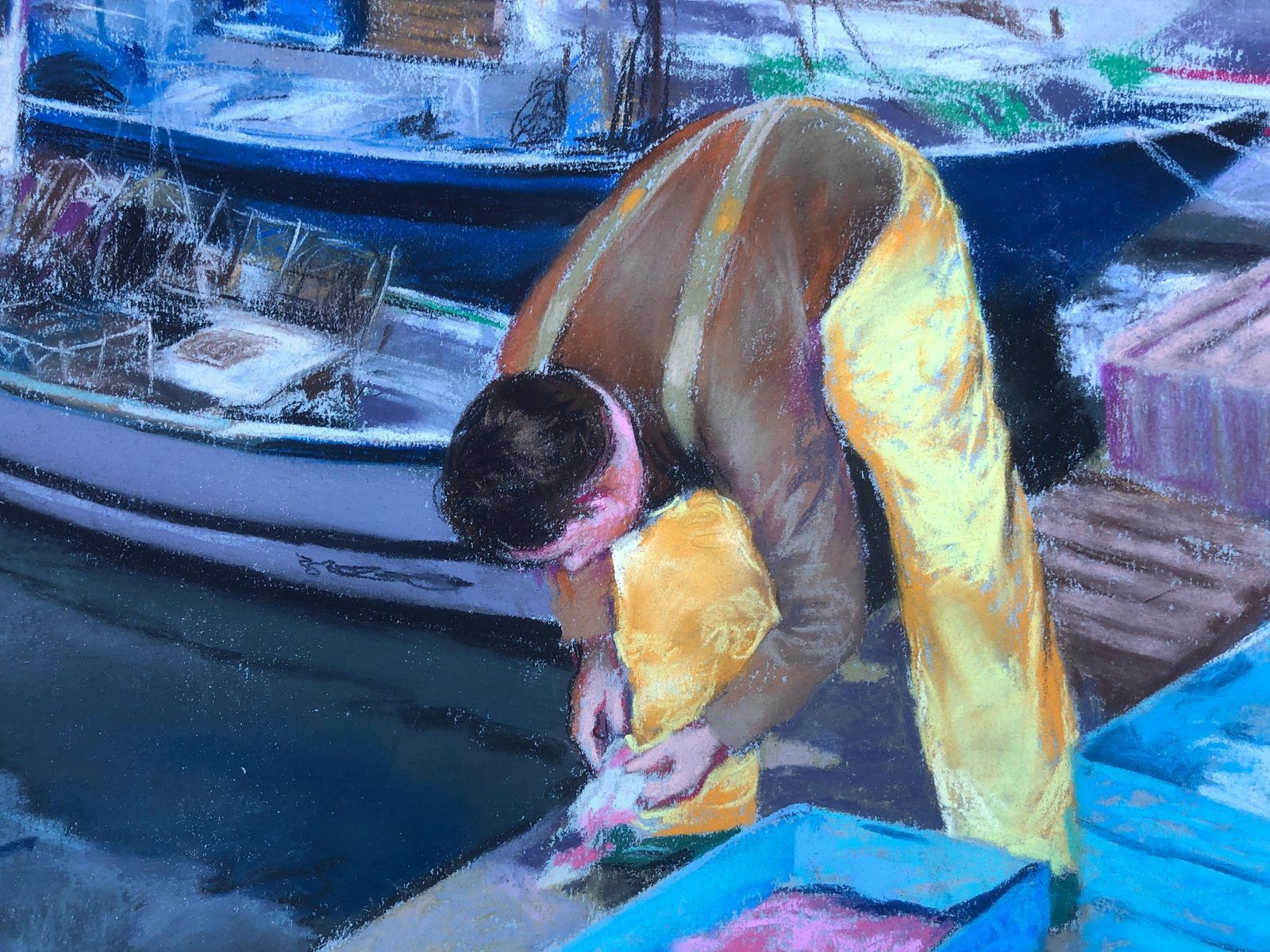 Domingo Alvarez Gomez Sailor Fisherman In His Boat Spain Pastel Painting Seascape C.2000 photo for sale