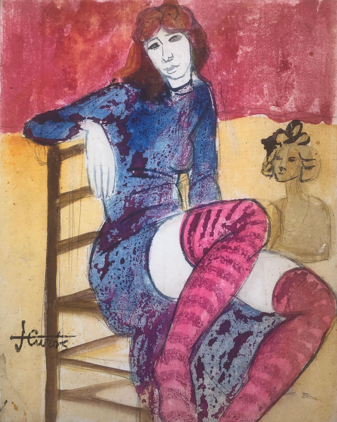 Jordi Curos Woman Posing Mixed Media Painting 1979