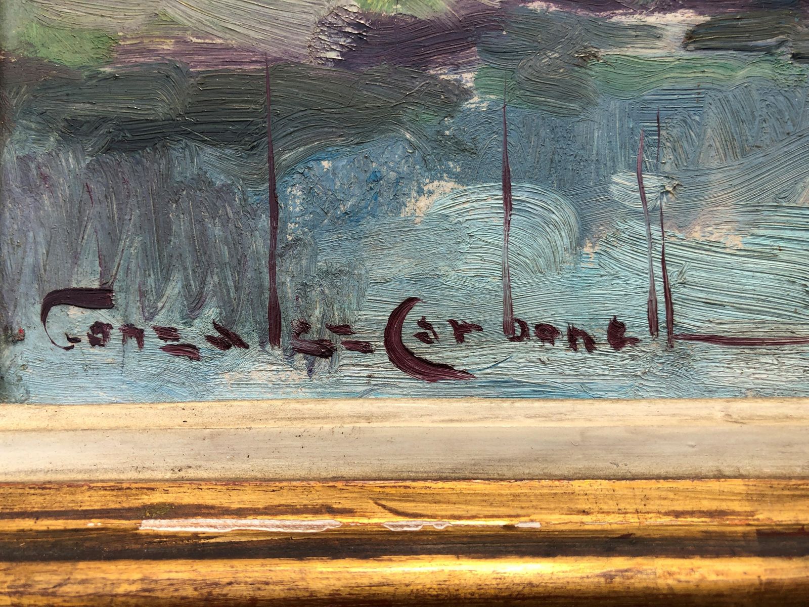 Rosendo Gonzalez Carbonell Industrial River Landscape With Factory Smoke, Spanish Post Impressionist Oil On Panel, Framed, C.1975 photo for sale