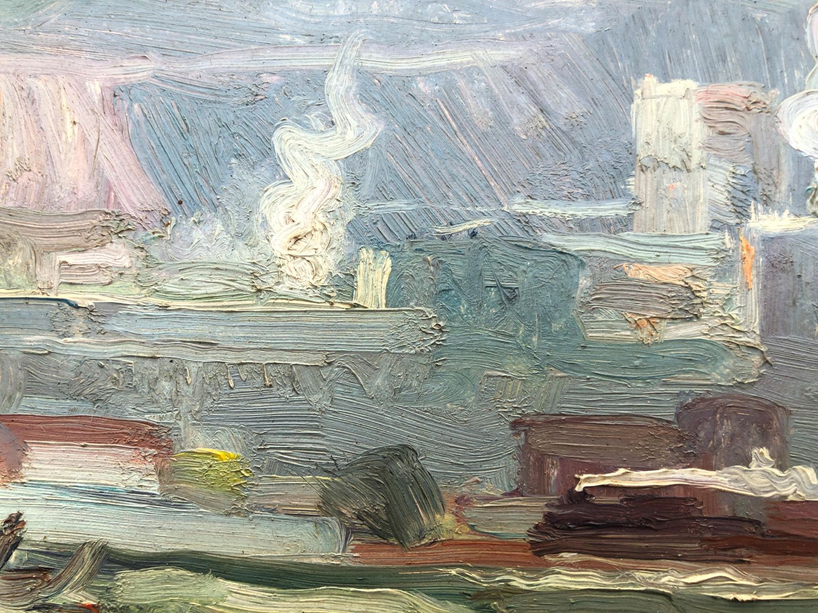 Rosendo Gonzalez Carbonell Industrial River Landscape With Factory Smoke, Spanish Post Impressionist Oil On Panel, Framed, C.1975 photo vinterior
