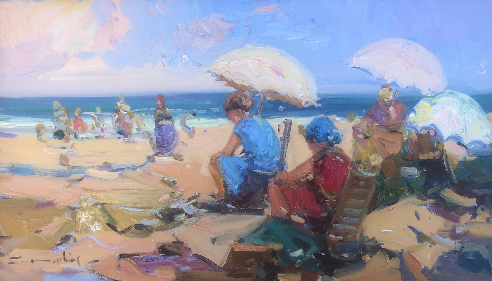 Gabriel Casarrubios Spanish Beach Scene With Figures And Parasols, Mediterranean Impressionist Oil C.2000