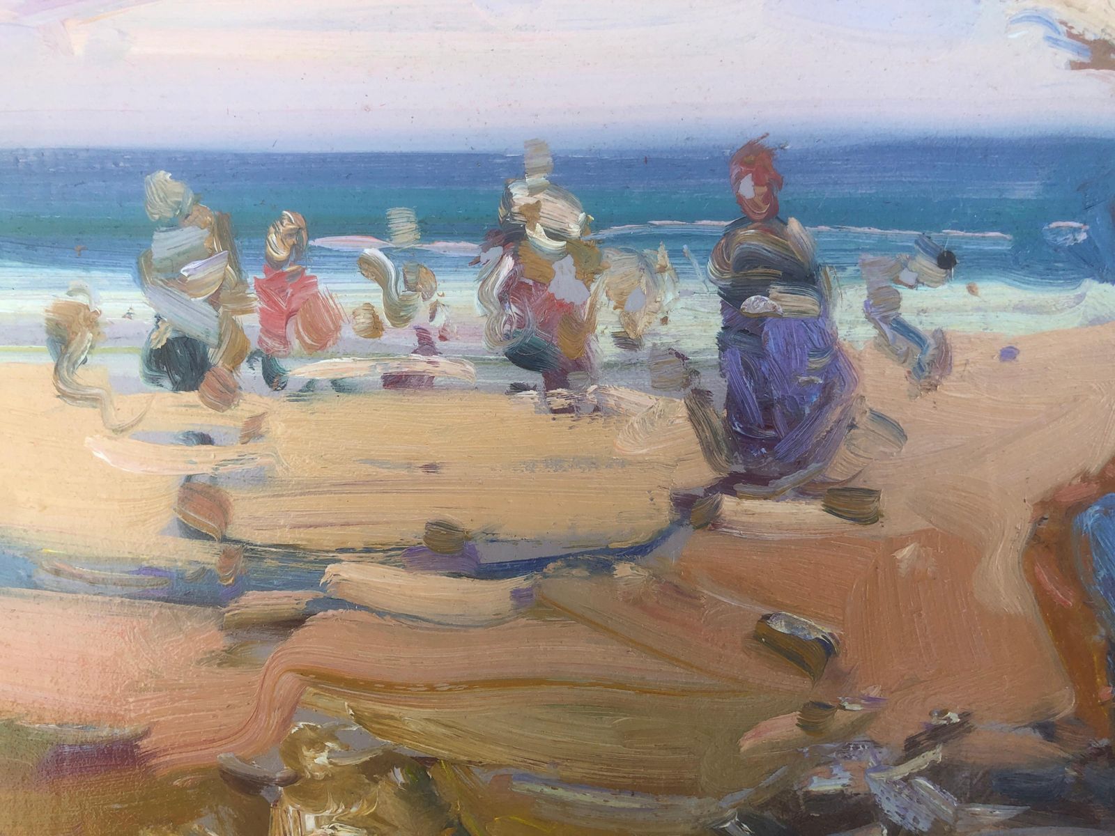 Gabriel Casarrubios Spanish Beach Scene With Figures And Parasols, Mediterranean Impressionist Oil C.2000 photo for sale