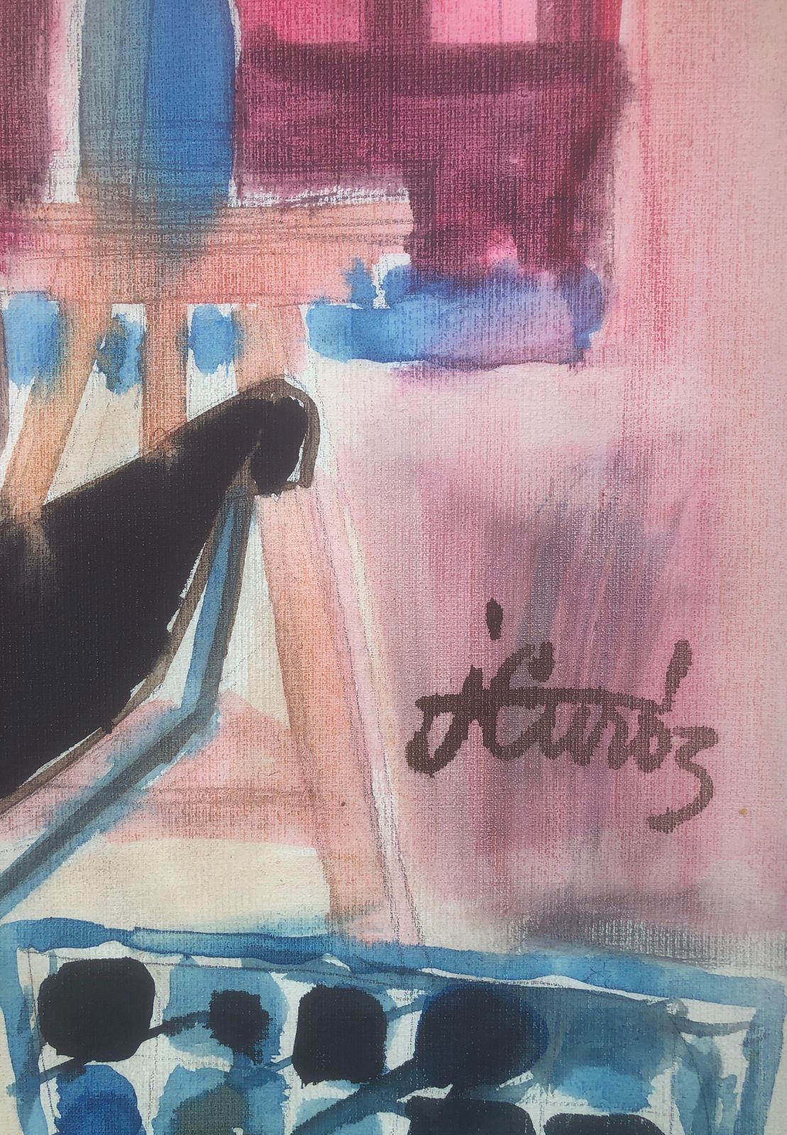 Jordi Curos Woman With Guitar Mixed Media Painting C.1985 photo furniture