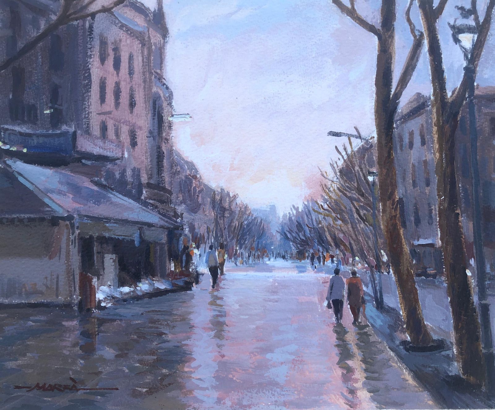 Josep Marfa Guarro Barcelona Boulevard At Dusk Urban Landscape Oil Painting Impressionist Europe 1990s