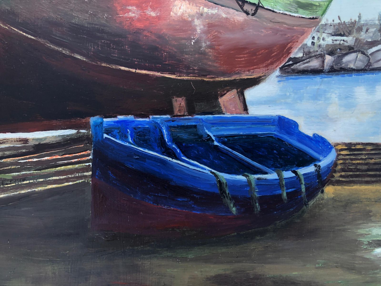 Unknown Fishing Port Essaouira Morocco Oil On Canvas Painting Seascape Boat 2015 photo for sale