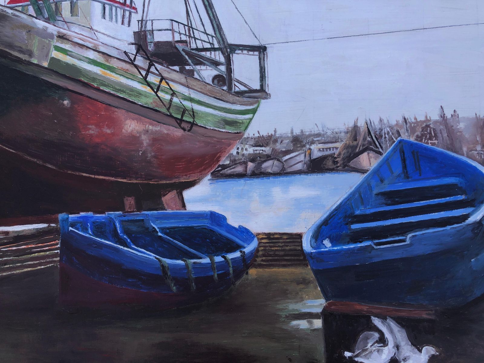 Unknown Fishing Port Essaouira Morocco Oil On Canvas Painting Seascape Boat 2015 photo buy