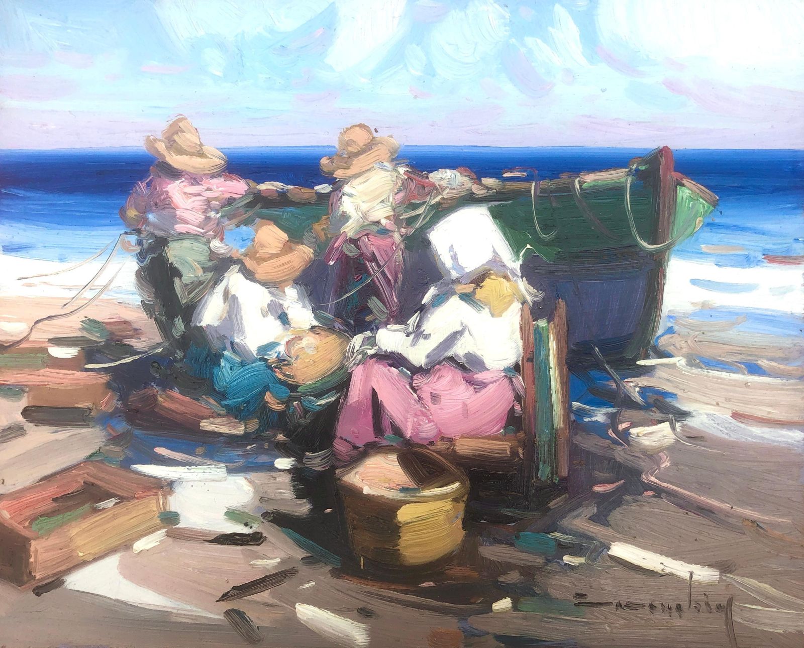 Gabriel Casarrubios Mediterranean Fisherwomen By The Sea Impressionist Coastal Oil Painting Spain C.2000