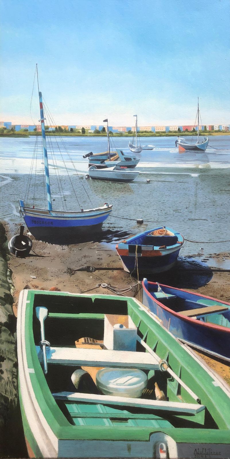 Unknown Barreiro Portugal Oil On Canvas Painting Seascape Beach Boats 2009