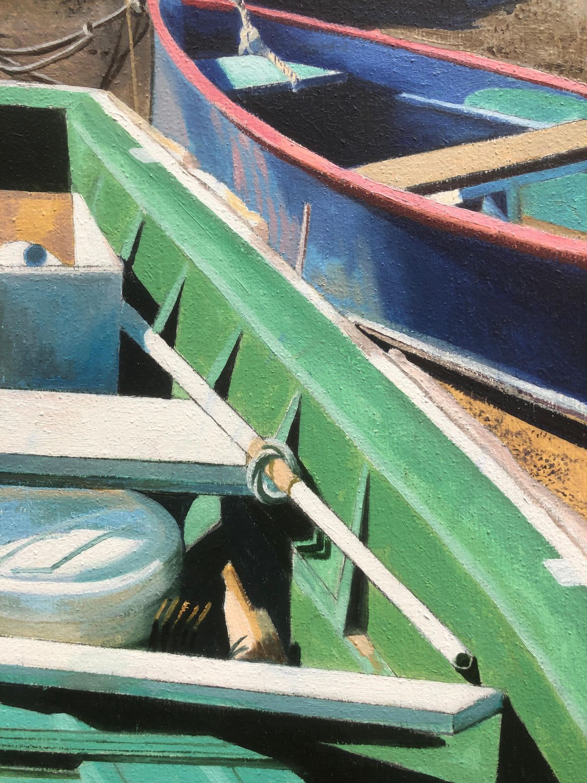 Unknown Barreiro Portugal Oil On Canvas Painting Seascape Beach Boats 2009 photo for sale