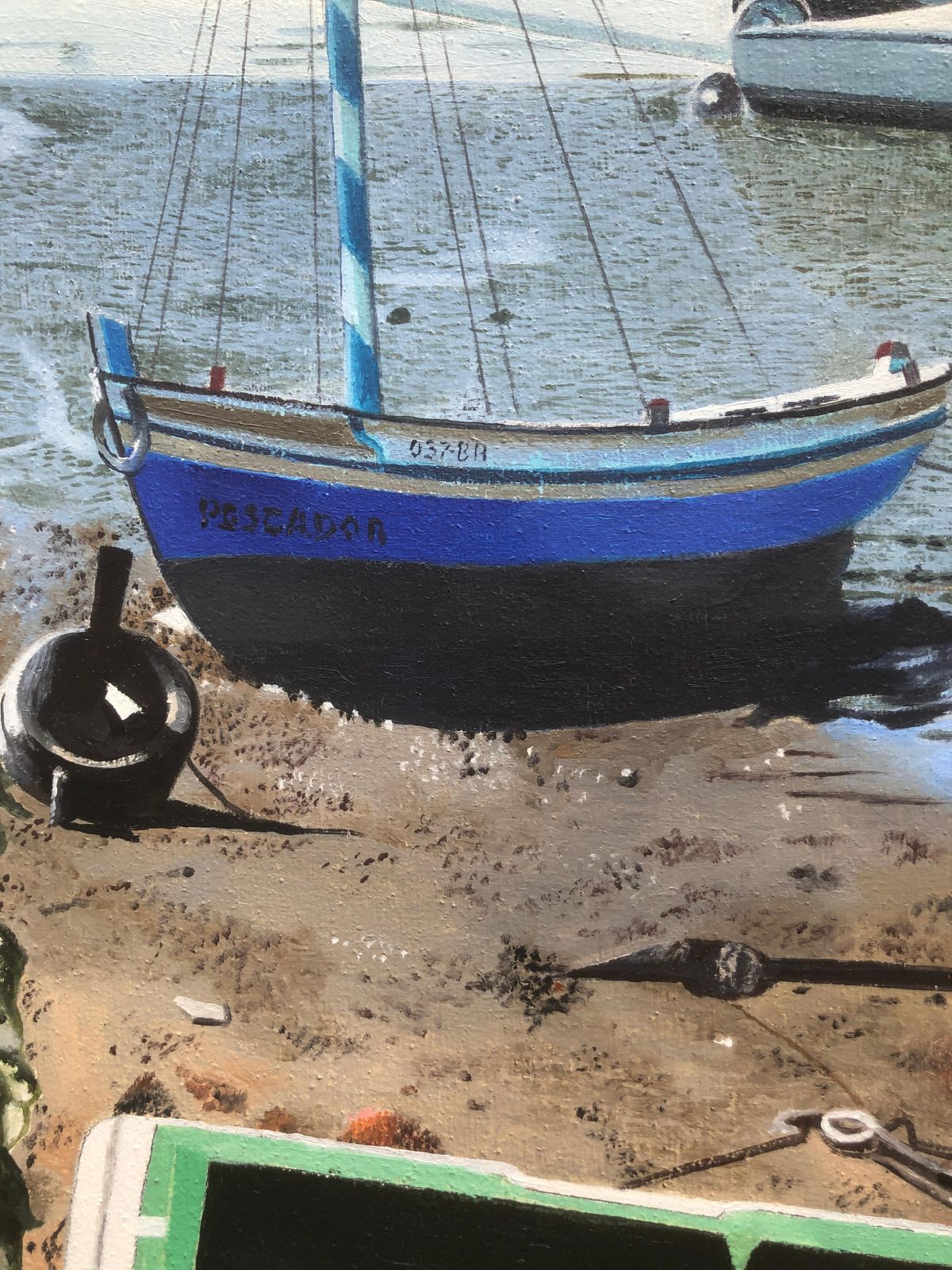 Unknown Barreiro Portugal Oil On Canvas Painting Seascape Beach Boats 2009 photo vinterior
