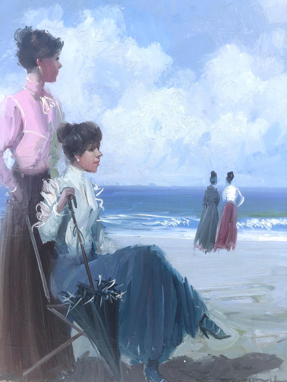 Unknown Elegant Ladies On The Beach Spanish Seaside Figurative Oil Painting 20th Century C.1980 photo buy