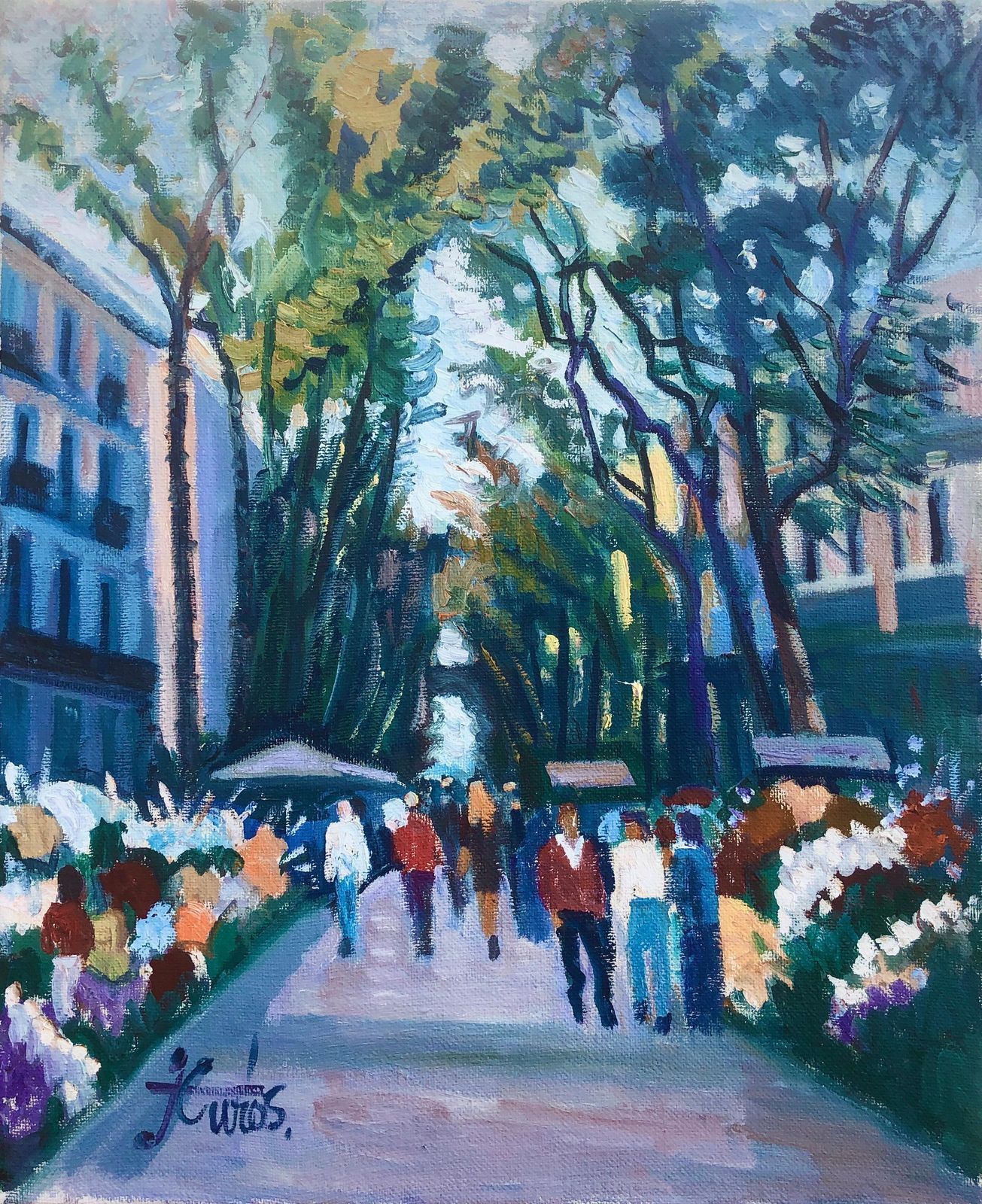 Jordi Curos Barcelona Flower Market Las Ramblas Oil Painting Mediterranean Street Scene 1970s