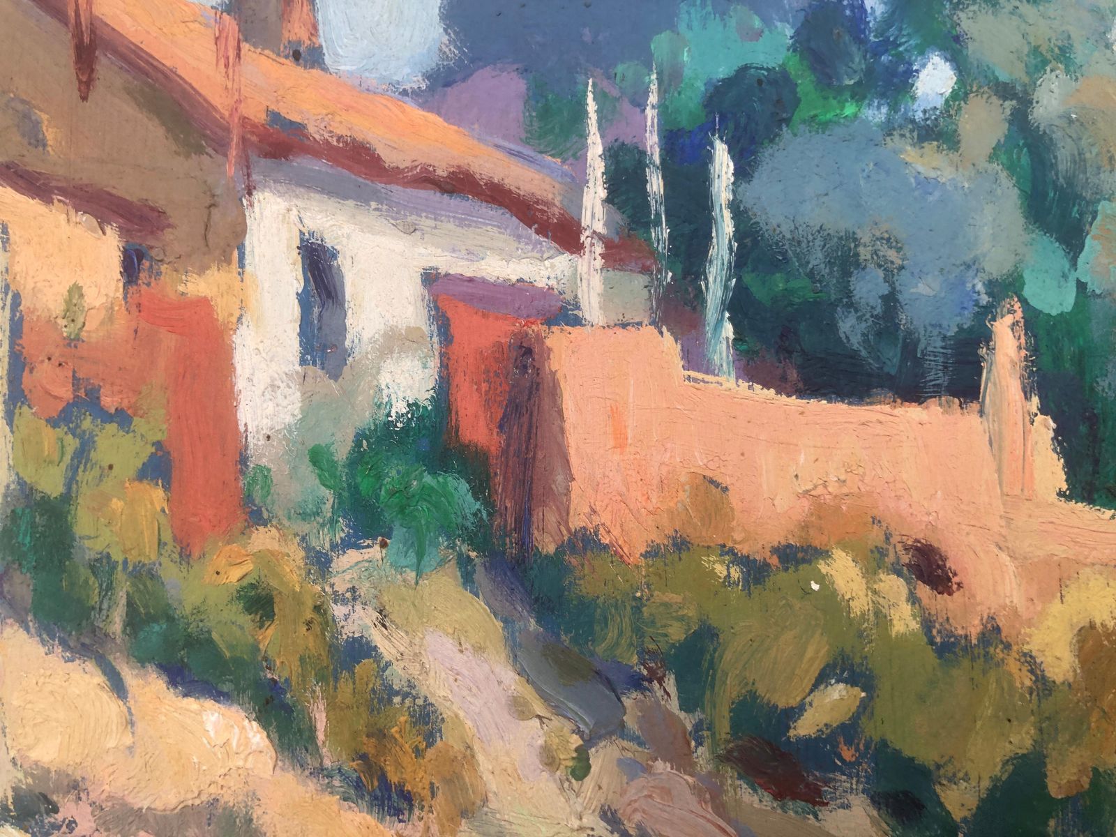 ángel Román Pina – Zonnig Spaans Dorpsgezicht, Post Impressionistisch Olieverfschilderij, Mediterraan Binnenplaatslandschap, Ca. 1960 photo Kunst