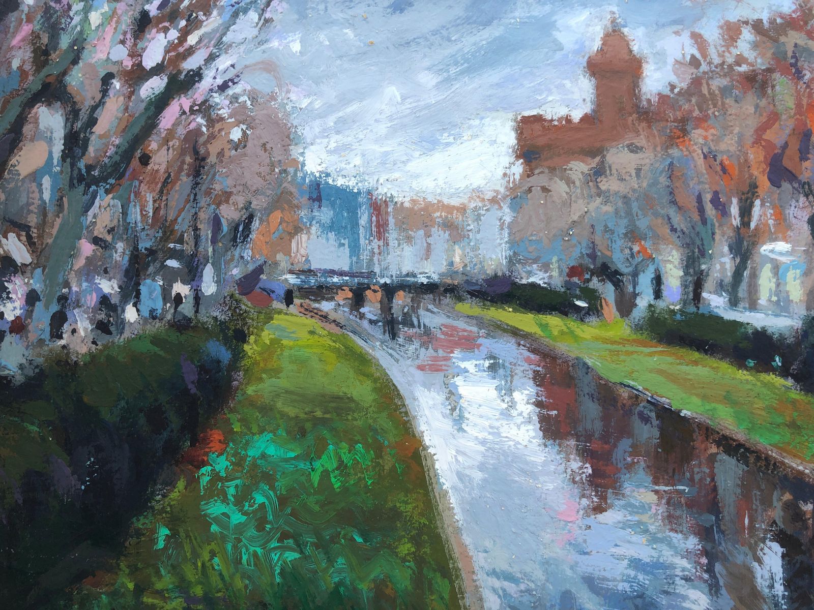 Josep Marfa Guarro European Urbanscape And River Original Oil On Cardboard Painting C.1990 photo buy