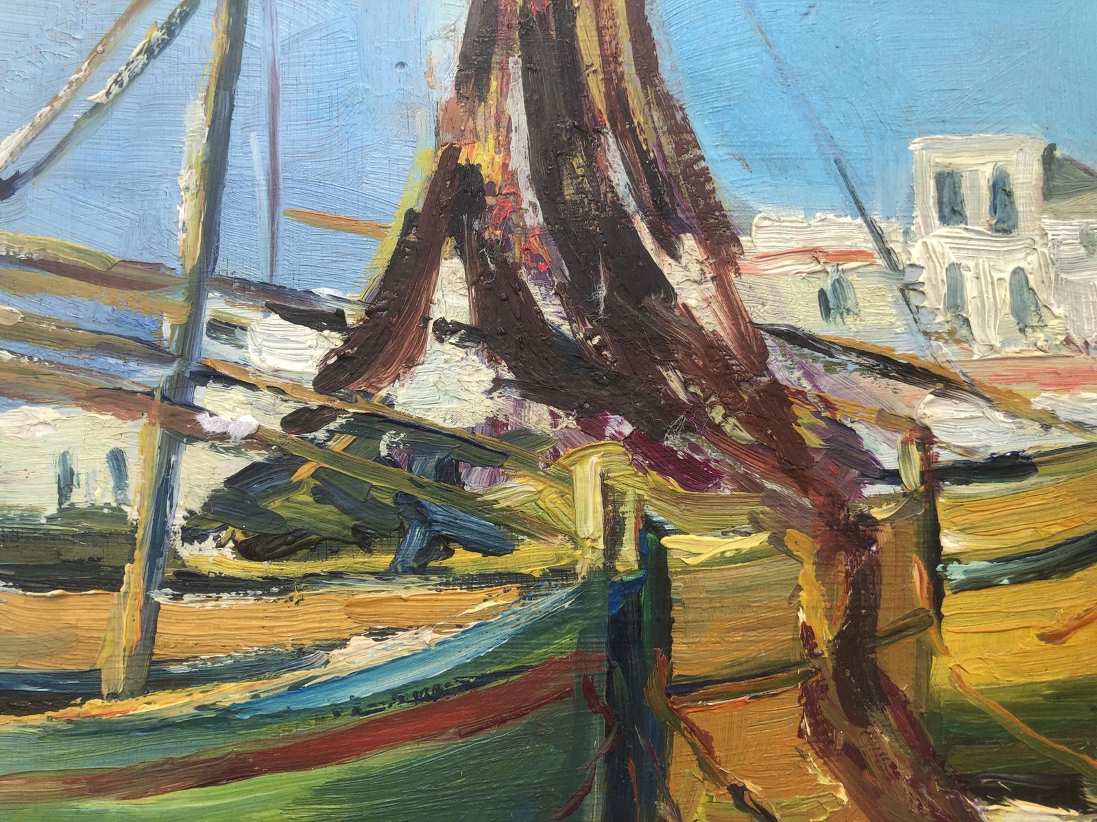 Unknown Mediterranean Fishing Boats Beach Catalonia Coastal Impressionist Oil Spanish C.1945 photo Art