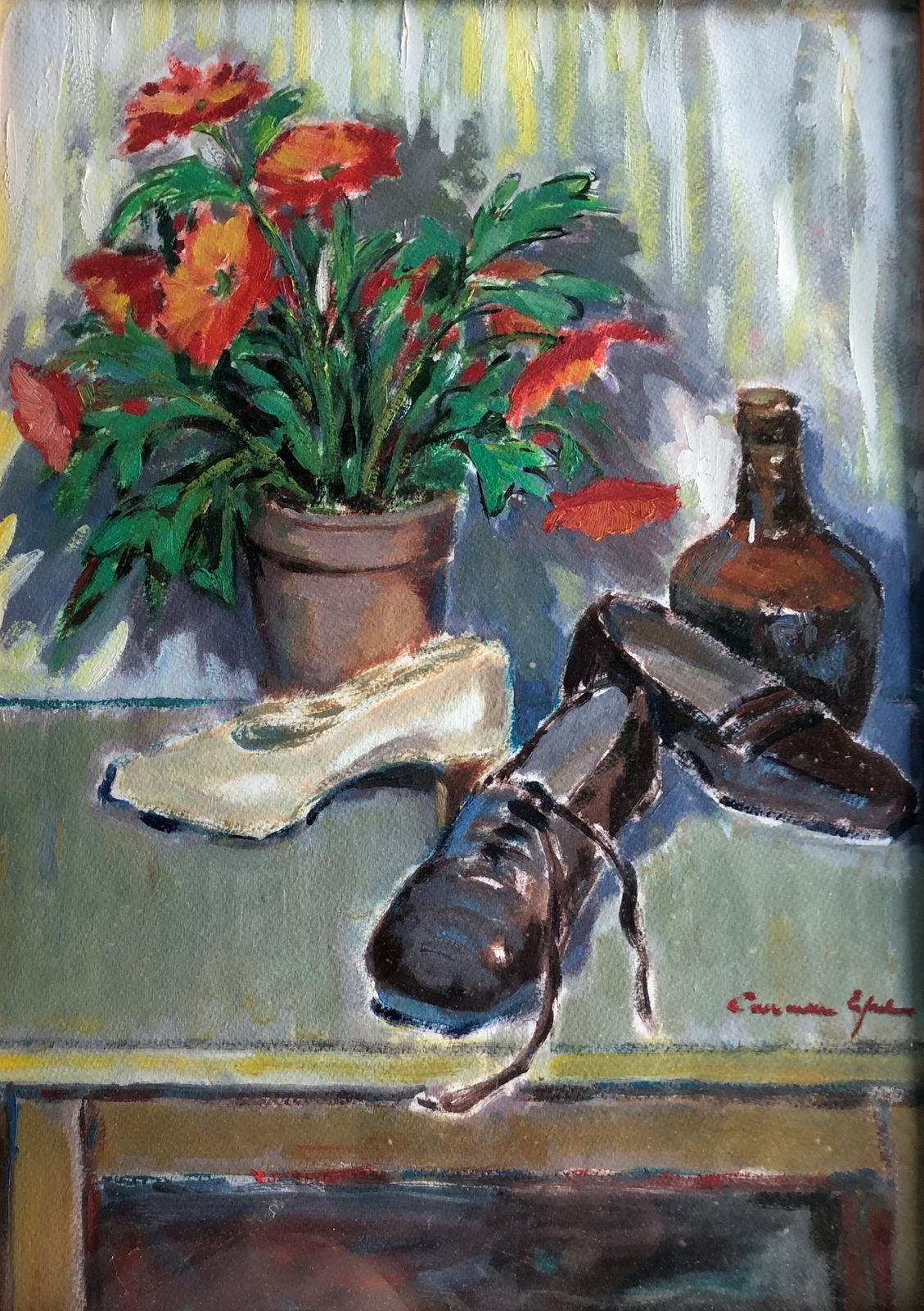 Carmen Espel Mid Century Post Impressionist Still Life With Shoes And Flowers, Spanish Oil On Paper, Framed, C.1980