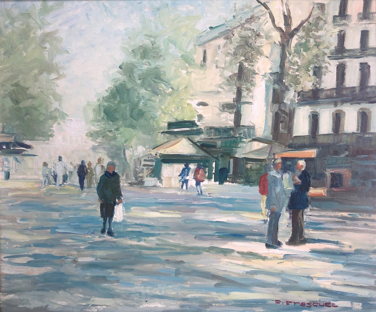 Pascual Fresquet Barcelona Street Scene Oil Canvas Painting Spanish Mediterranean Cityscape C.1985