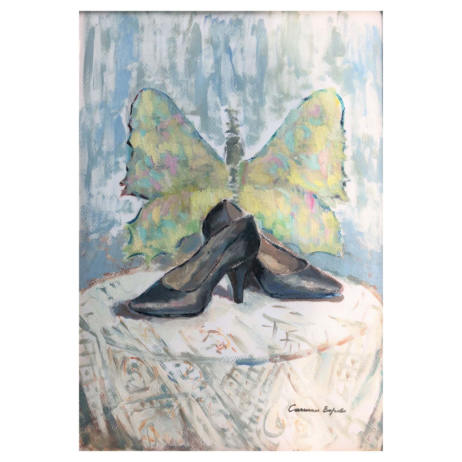 Carmen Espel Surreal Butterfly And High Heel Shoes Still Life, Post Impressionist Oil C.1980