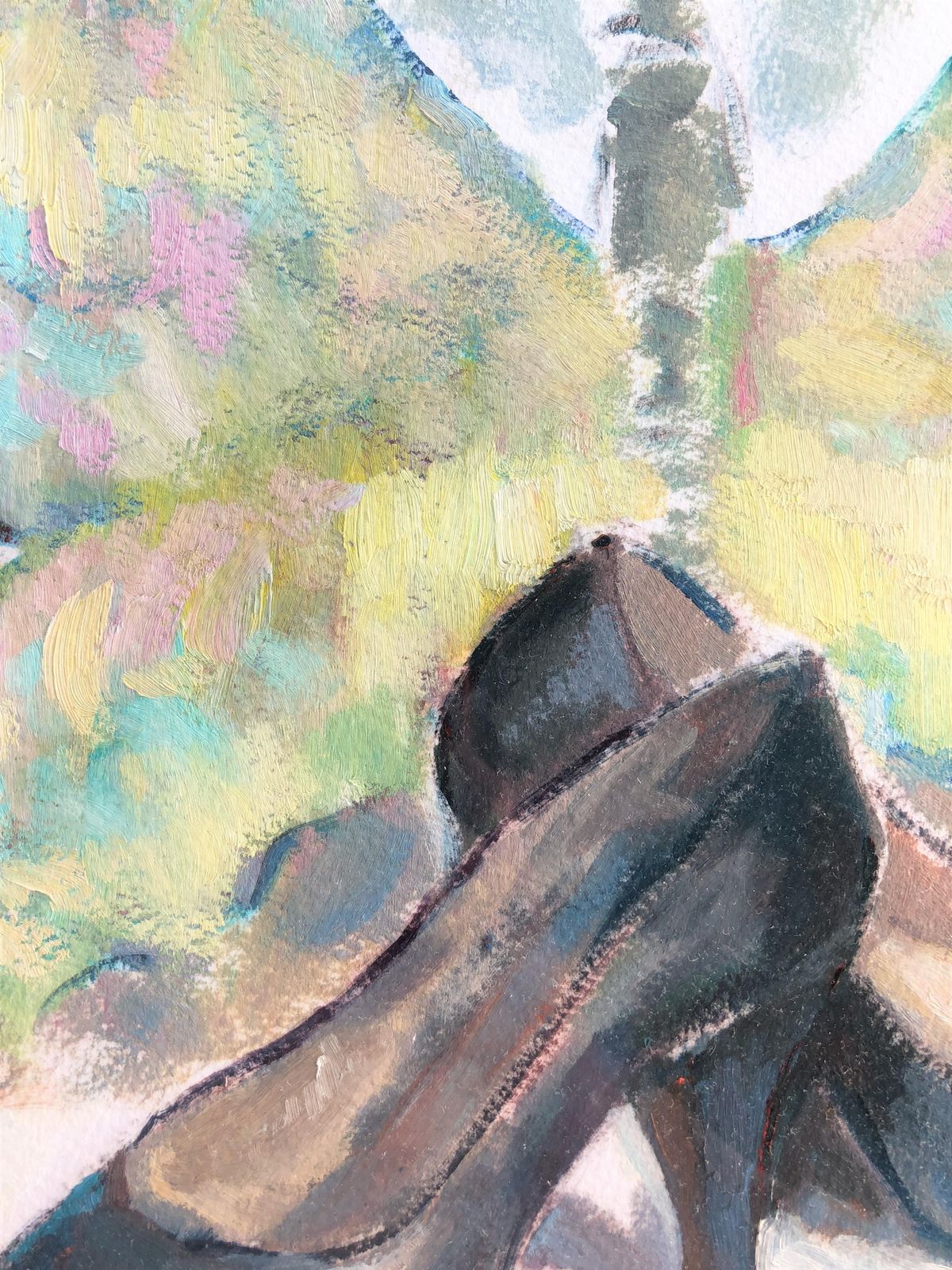 Carmen Espel – Surrealistische Stillevenschildering Met Vlinder En Hoge Hakken, Post Impressionistisch Olieverfschilderij, Ca. 1980 photo vinterior
