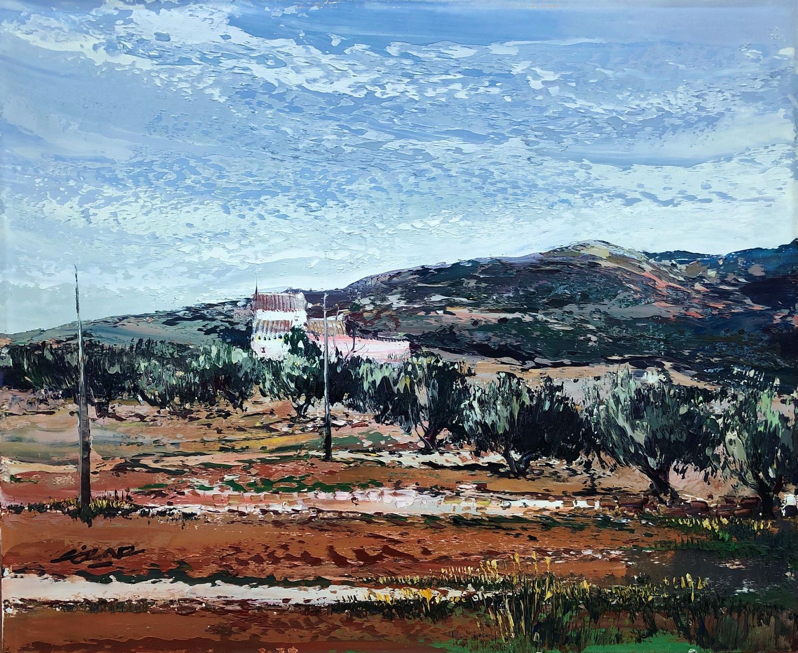 Jose Cozar Mediterranean Landscape With Olive Trees And Teulada Village, Spanish Post Impressionist Oil On Canvas, 1980