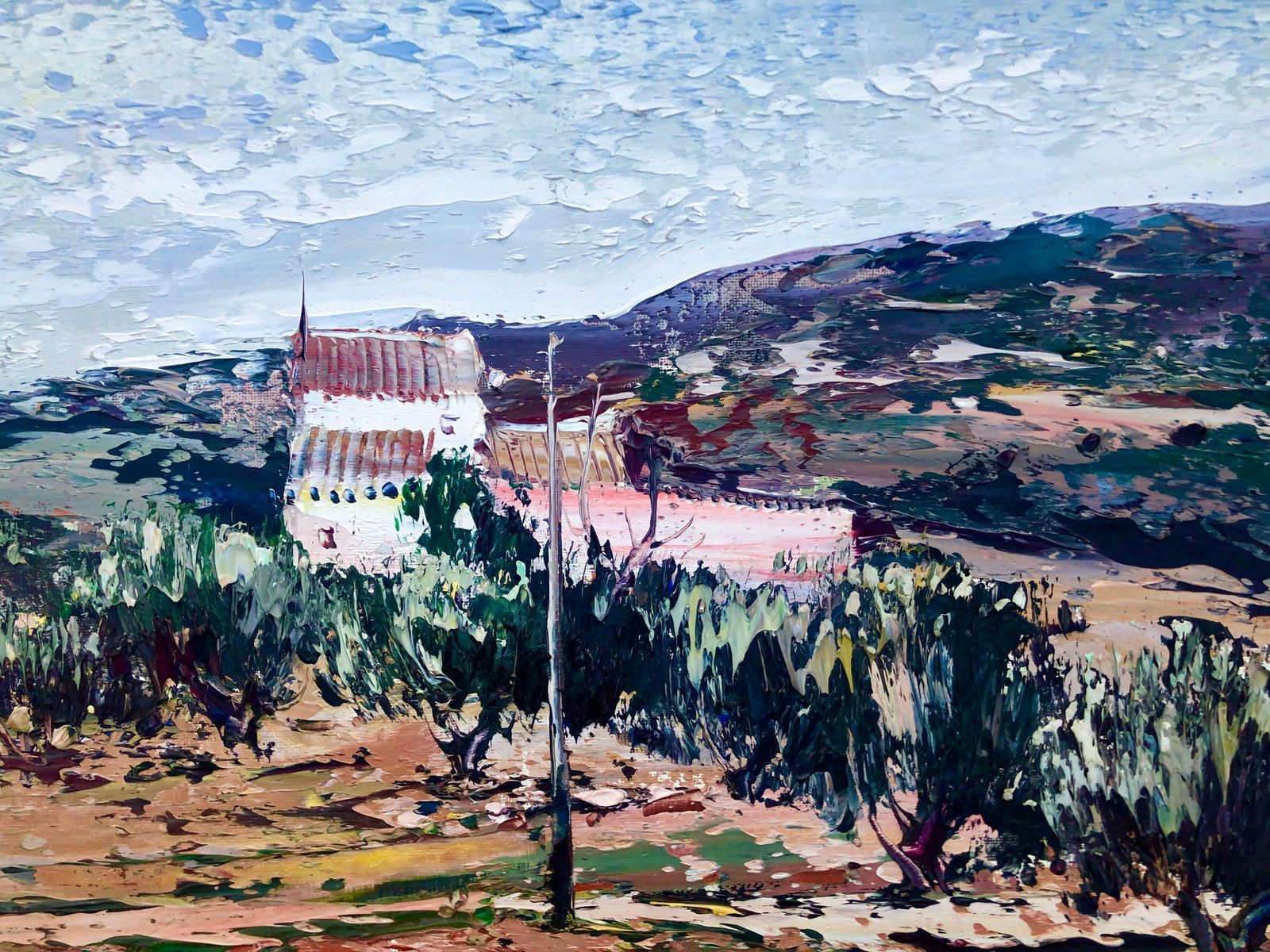 Jose Cozar Mediterranean Landscape With Olive Trees And Teulada Village, Spanish Post Impressionist Oil On Canvas, 1980 photo for sale