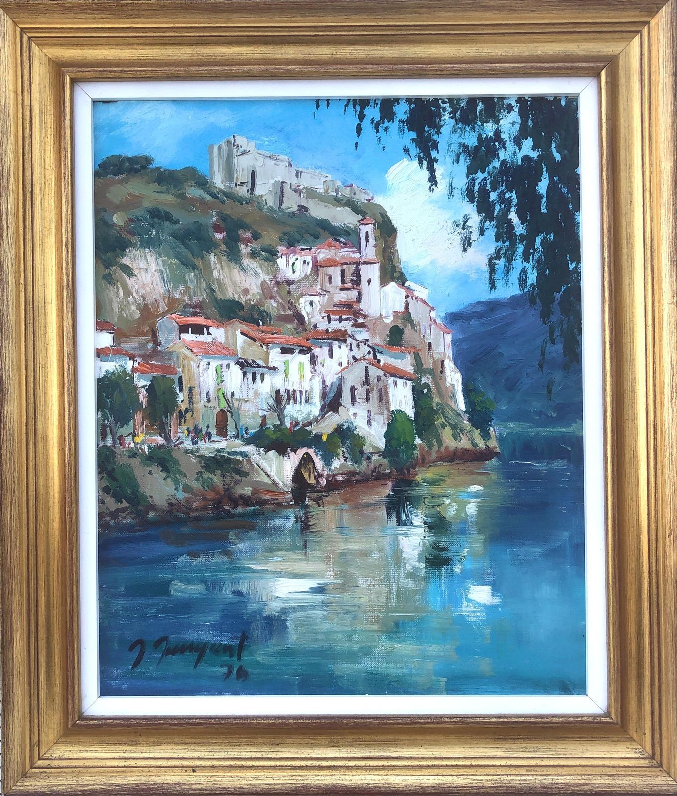 Albert Junyent Quinquer Spanish Mediterranean Village River Landscape Oil Painting Catalan Coast Spain 1976 photo furniture