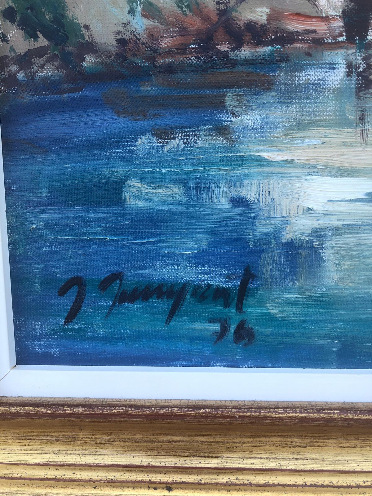 Albert Junyent Quinquer Spanish Mediterranean Village River Landscape Oil Painting Catalan Coast Spain 1976 photo for sale