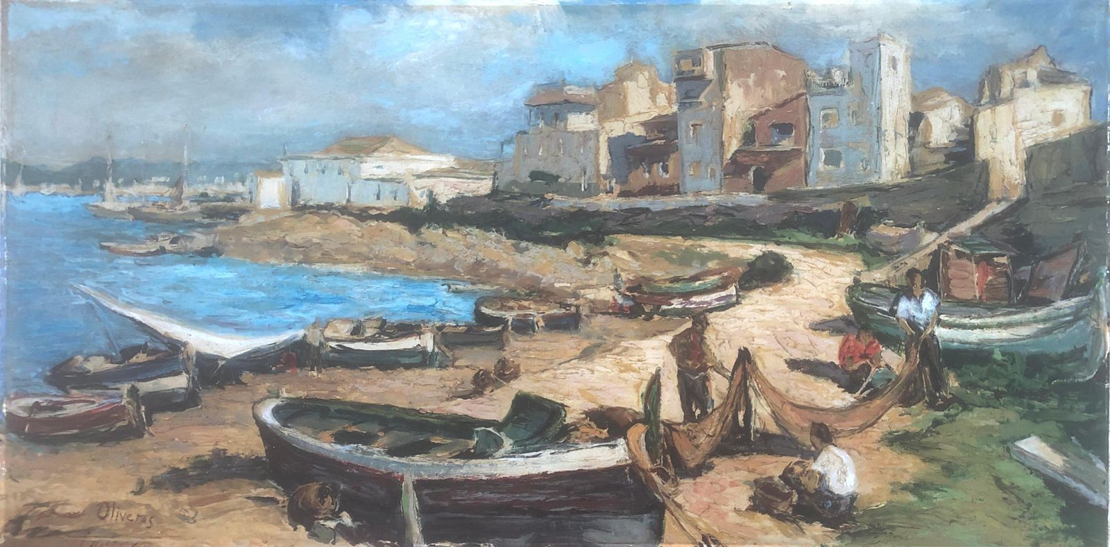 Unknown Spanish School Fishermen's Beach Seascape Spain C.1980