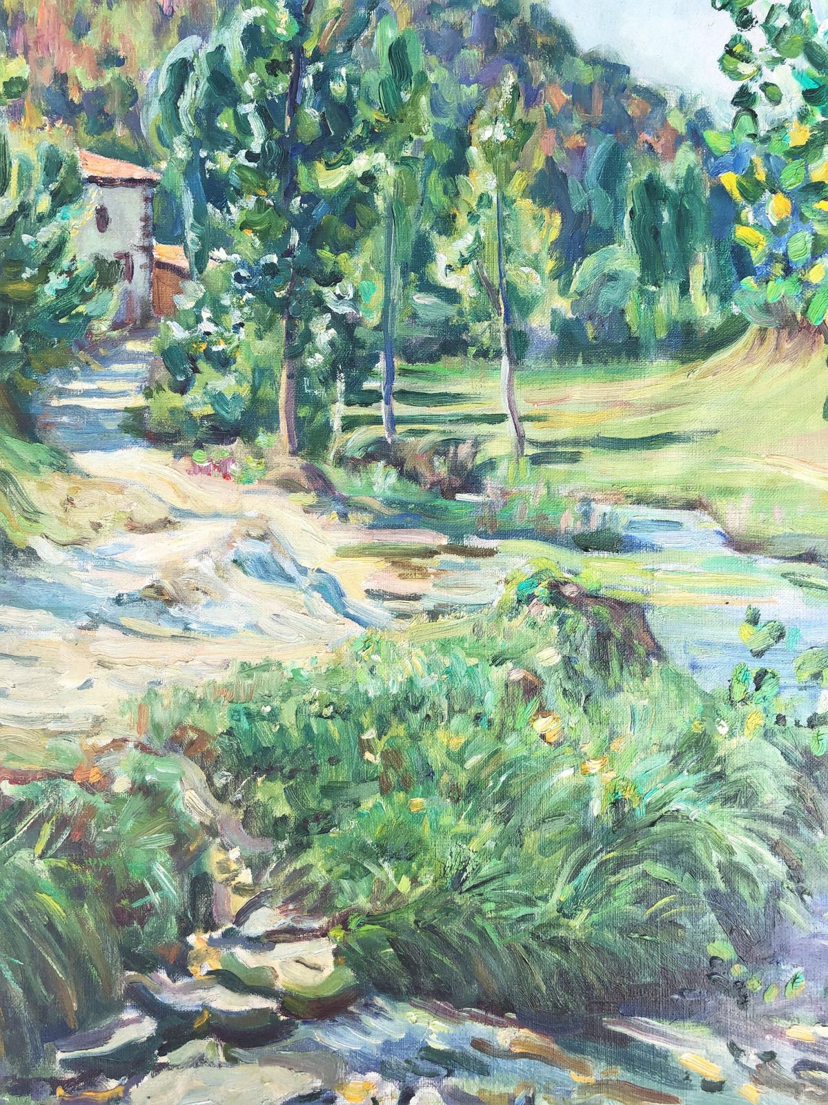 Gabriel Amat Pages Mid Century Mediterranean Landscape With Stream And Farmhouse, Spanish Impressionist Oil On Canvas 1950s photo buy
