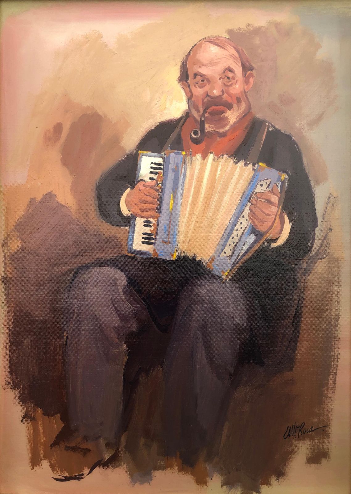 Albert Roca French Accordion Player Portrait Oil Painting Figurative European Interior Scene 1990s