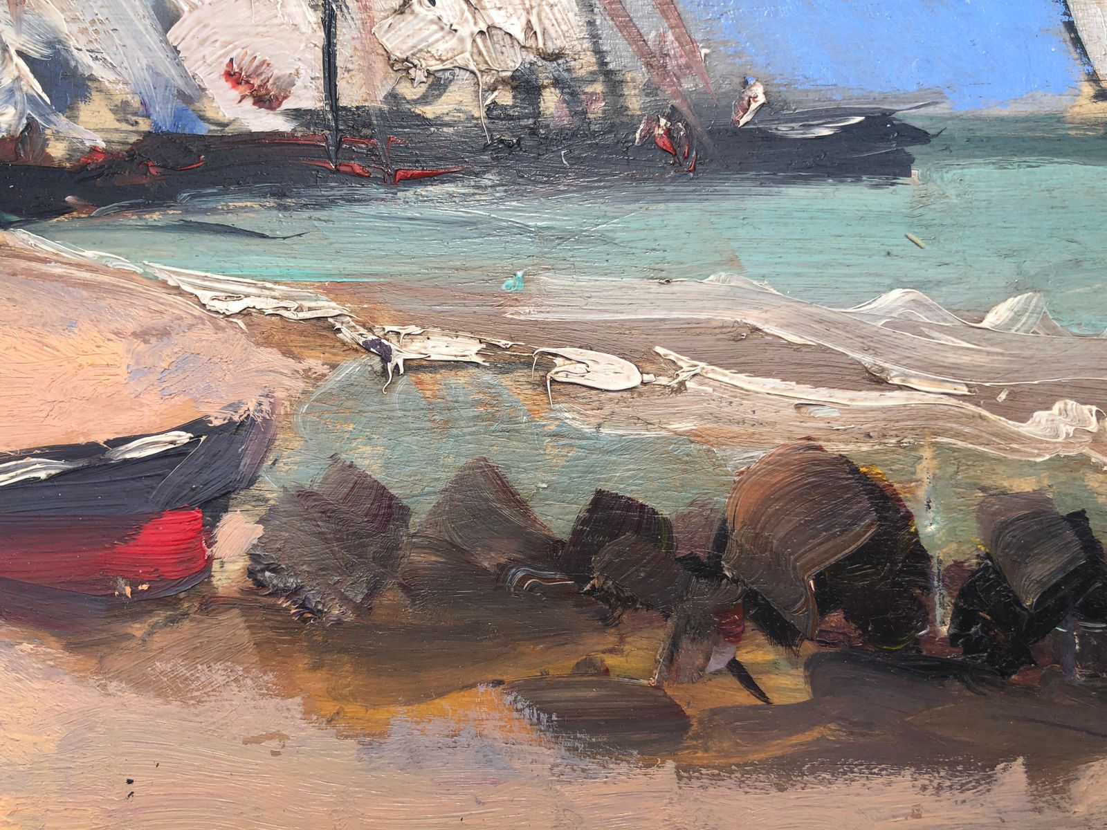 Joan Vives Maristany – Mediterraan Havengezicht Met Zeilboten, Impressionistisch Kustlandschap, Olieverf Op Paneel, Ca. 1990 photo 600.0