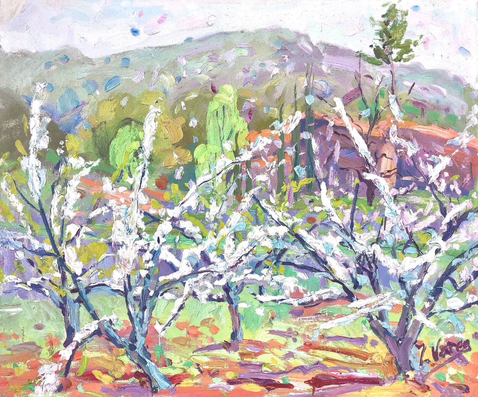 Juan Varea Mediterranean Almond Blossom Landscape Riells Catalonia Spanish Impressionist Oil Painting 1992