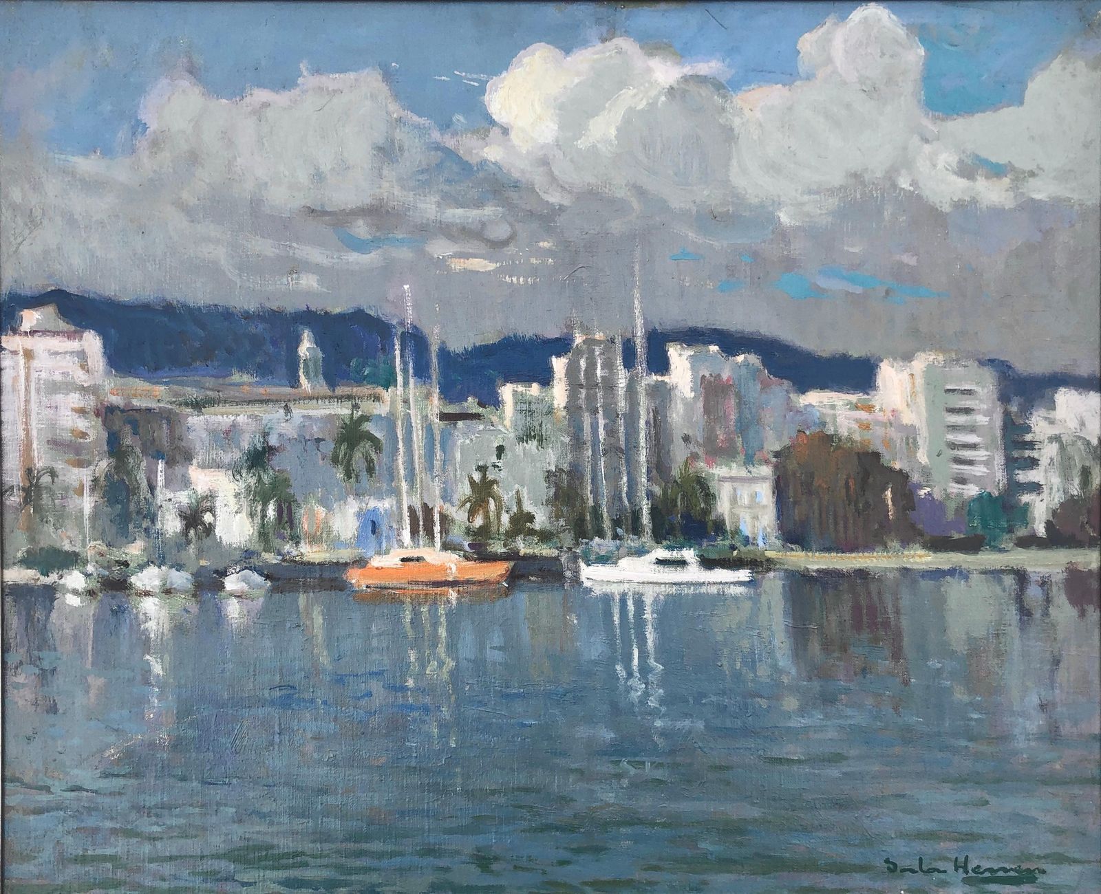 Antonio Sala Herrero Mediterranean Marina Spain Oil On Canvas Painting C.1980