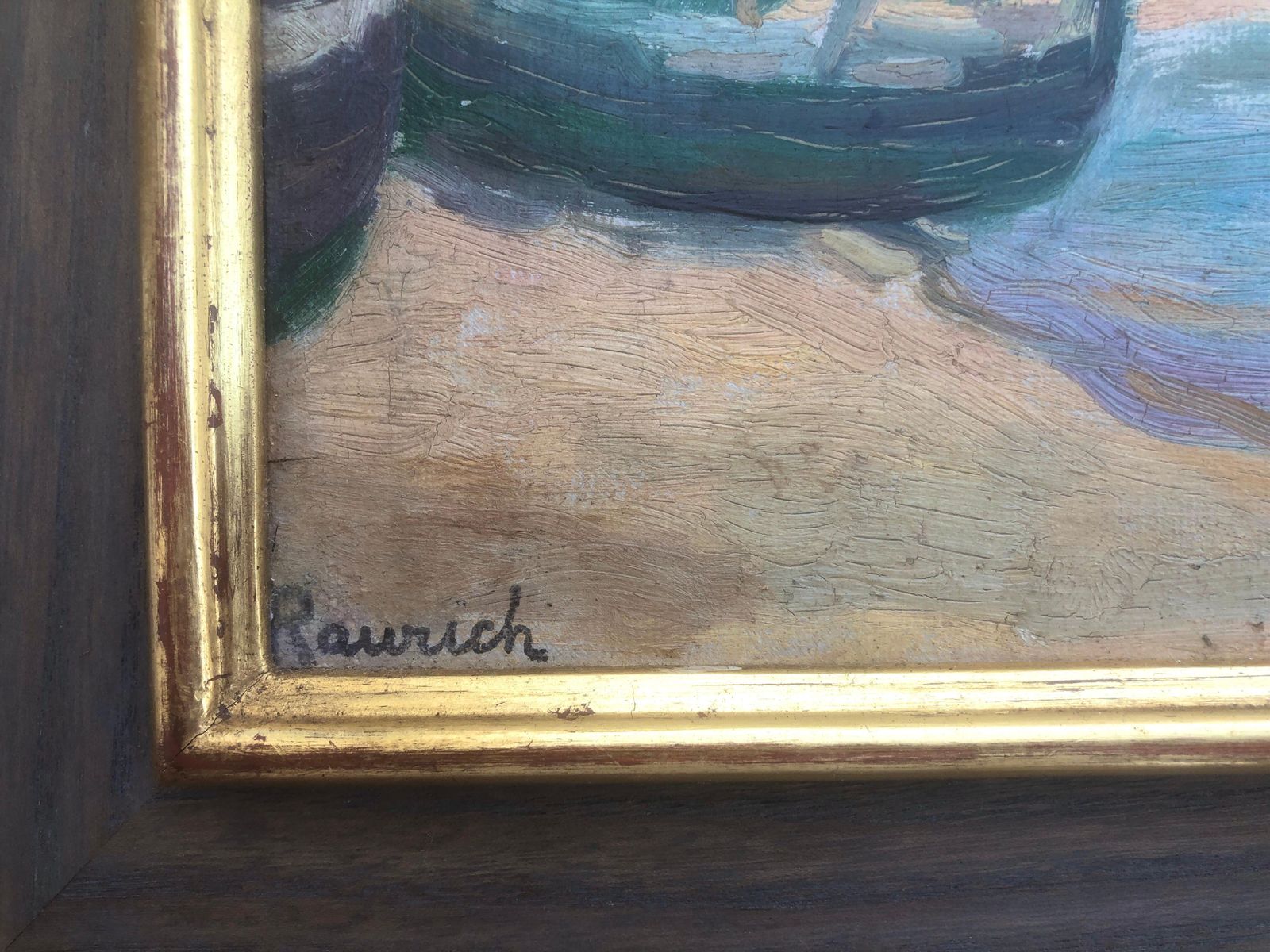 Nicolau Raurich Petre Boats On The Beach Oil On Board Painting Spanish Seascape Spain C.1940 photo for sale