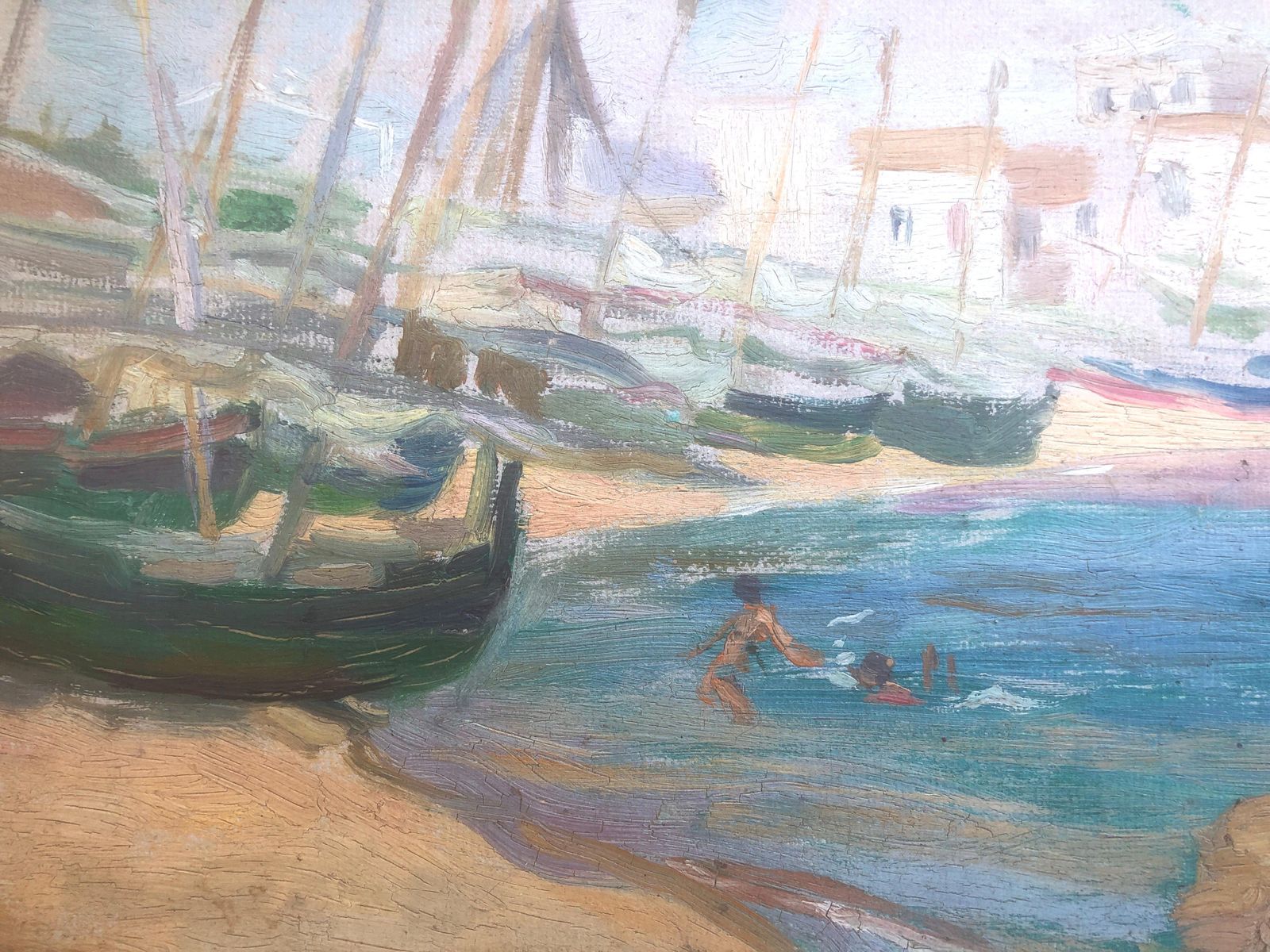 Nicolau Raurich Petre – Boten Op Het Strand – Olieverf Op Paneel, Spaans Zeegezicht, Spanje, Ca. 1940 photo Kunst
