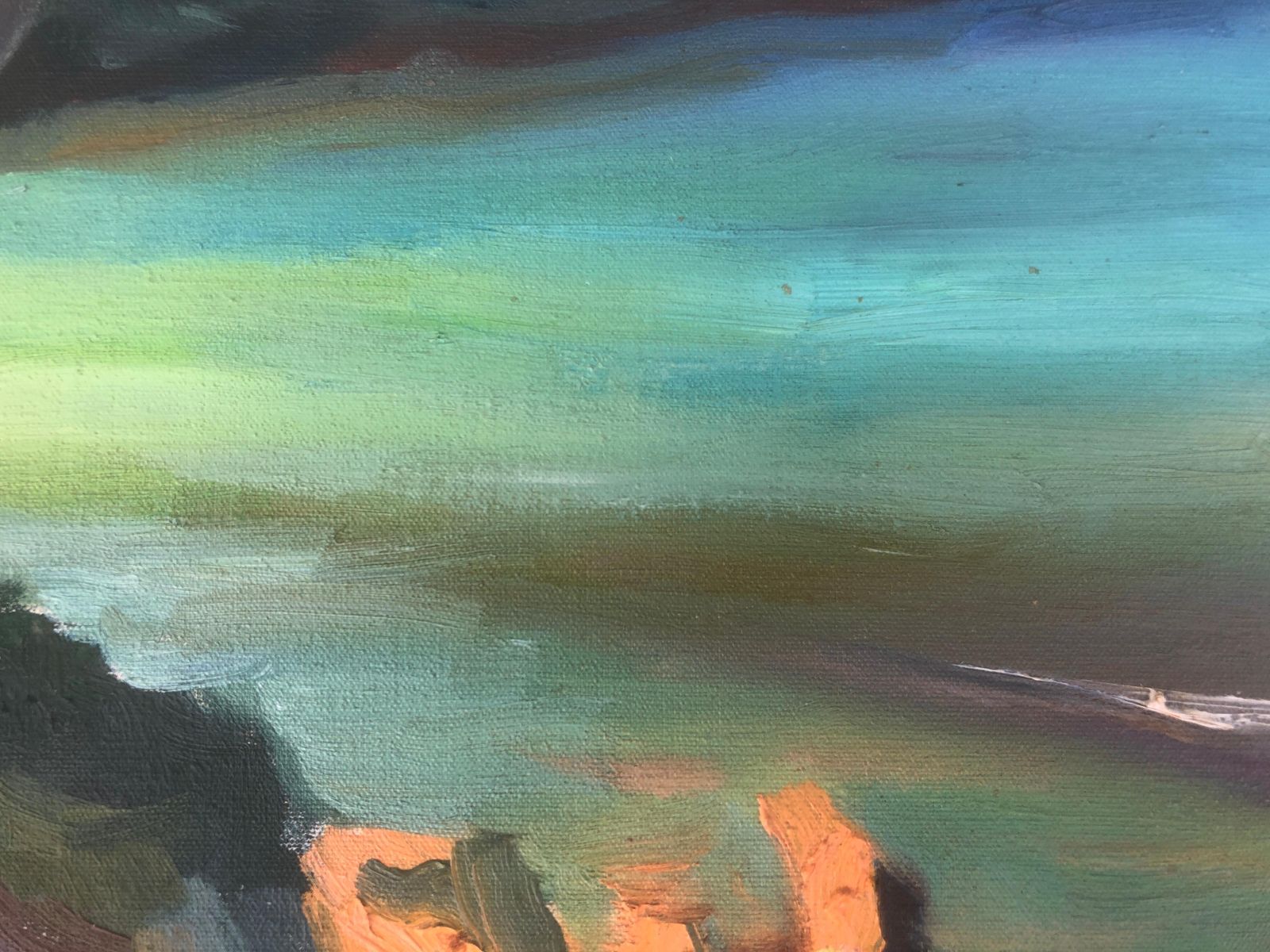 Josep Sole Pujol Mediterranean Coastal Landscape Mallorca Seascape Impressionist Oil Painting Art C.1965 photo for sale