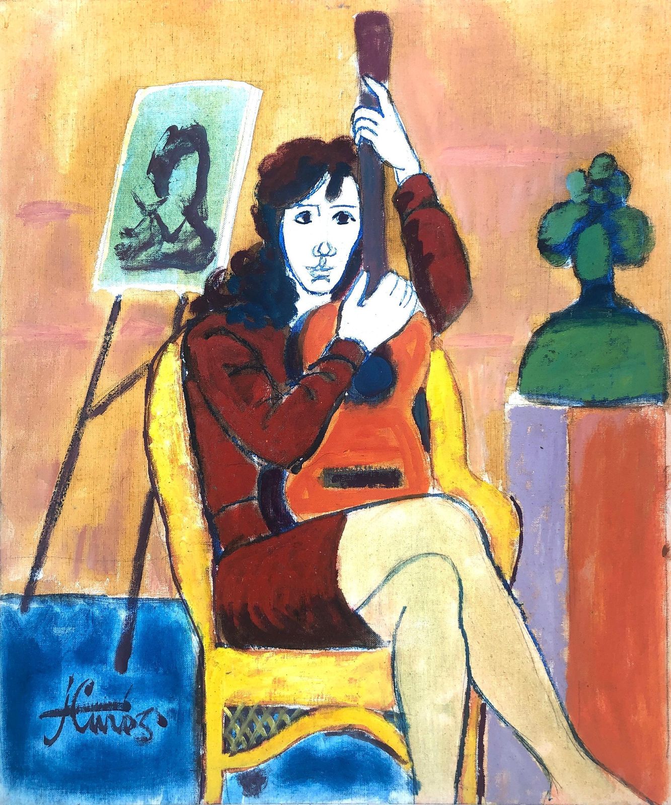 Jordi Curos Woman Posing With Guitar Acrylic Painting 1979