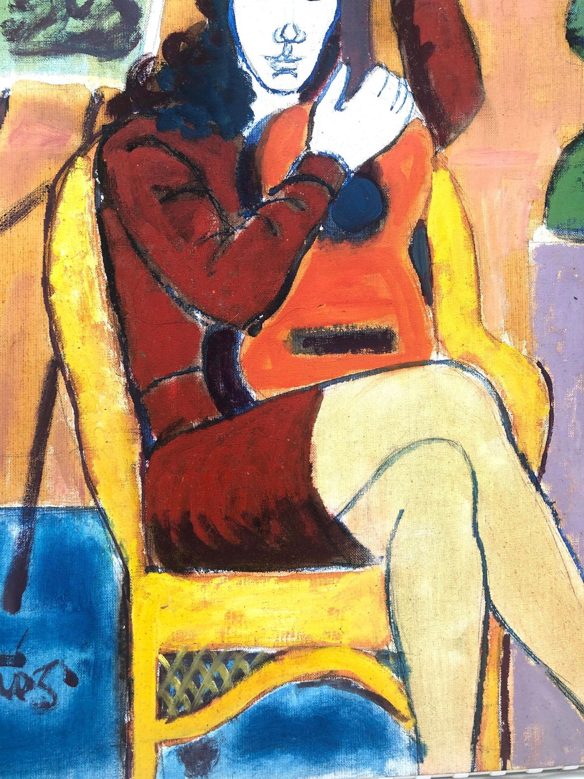 Jordi Curos Woman Posing With Guitar Acrylic Painting 1979 photo for sale