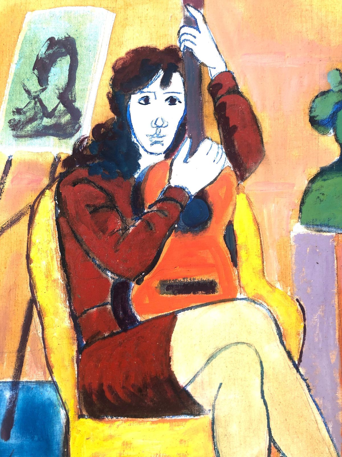 Jordi Curos Woman Posing With Guitar Acrylic Painting 1979 photo Art