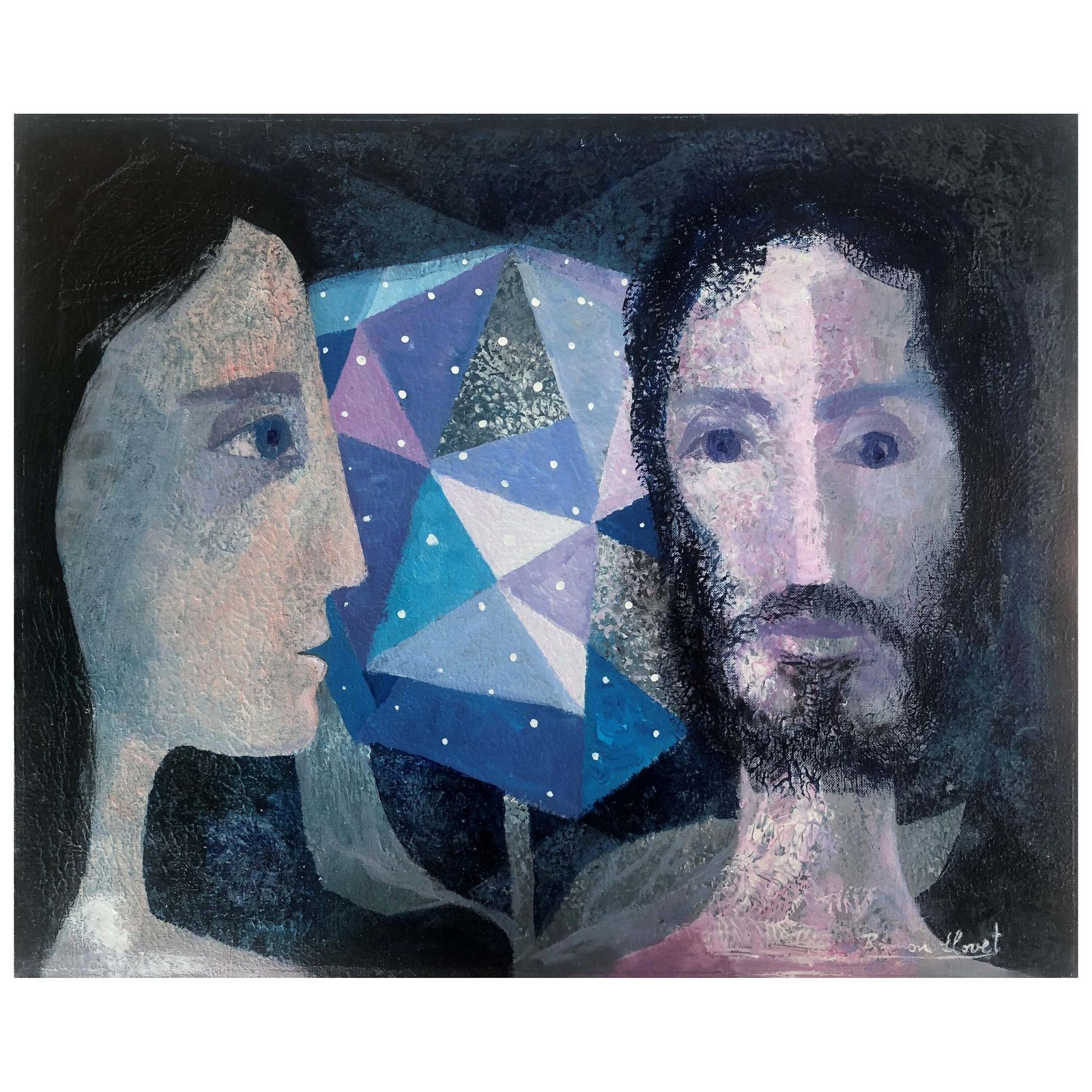 Ramon Llovet Miserol – Symbolistisch Dubbelportret Van Man En Vrouw, Modern Spaans Figuratief Olieschilderij Met Surrealistische Compositie, 1977