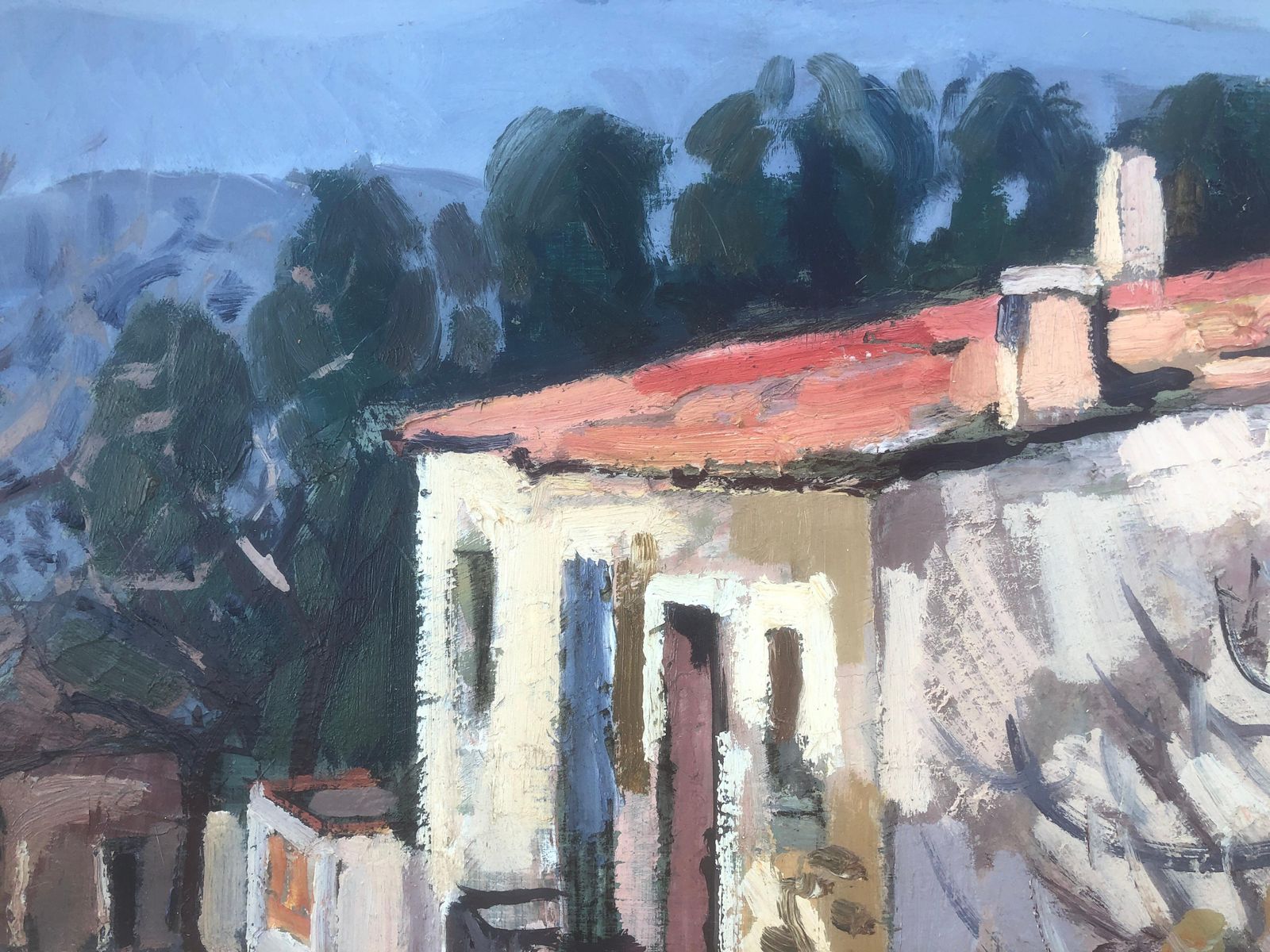 Rafael Duran Benet View Of Spanish Town Spain Oil On Board Painting Landscape C.1980 photo buy
