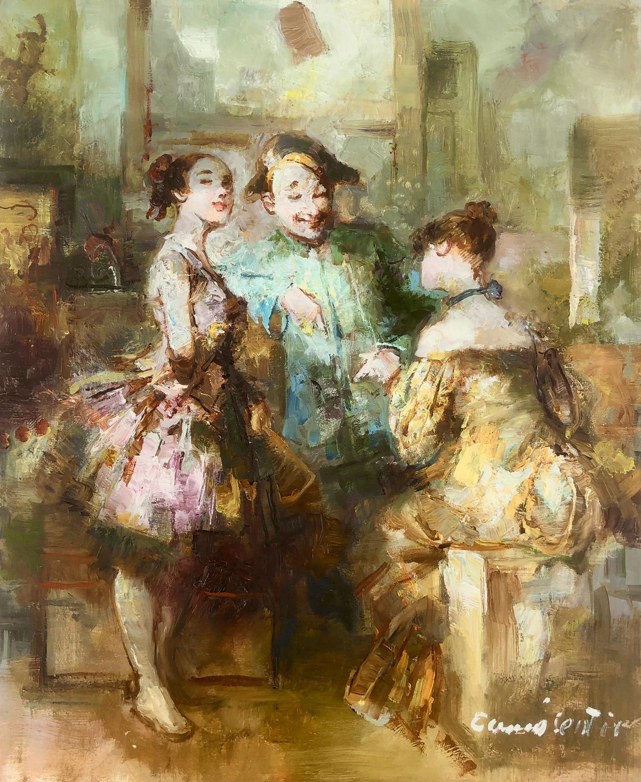 Joan Camo Sentis Spanish Belle époque Café Society Figurative Oil Painting Interior Scene 1970s