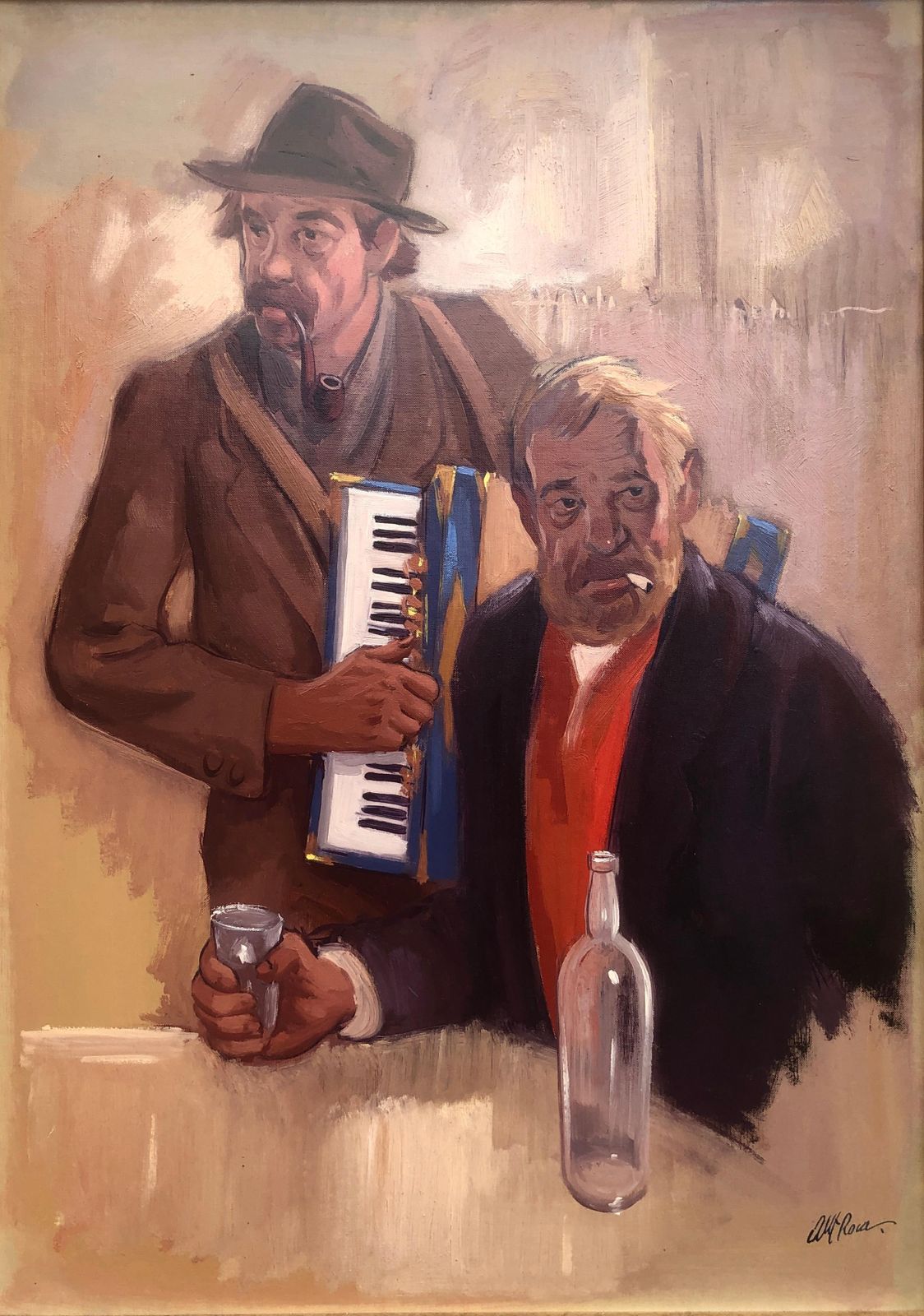 Albert Roca French Cafe Musicians With Accordion And Wine – Spanish Figurative Oil Painting C.1990