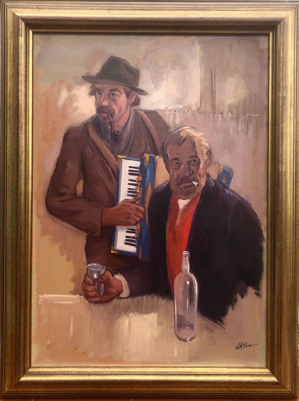 Albert Roca French Cafe Musicians With Accordion And Wine – Spanish Figurative Oil Painting C.1990 photo furniture