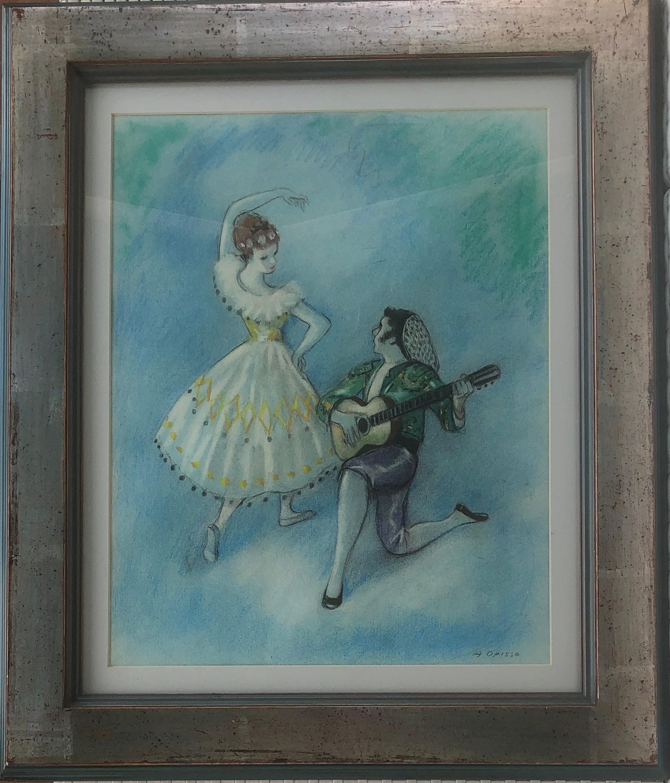 Alfredo Opisso Spanish Flamenco Dancer Guitarist Scene Pastel Drawing Mid Century Barcelona 1960s photo furniture