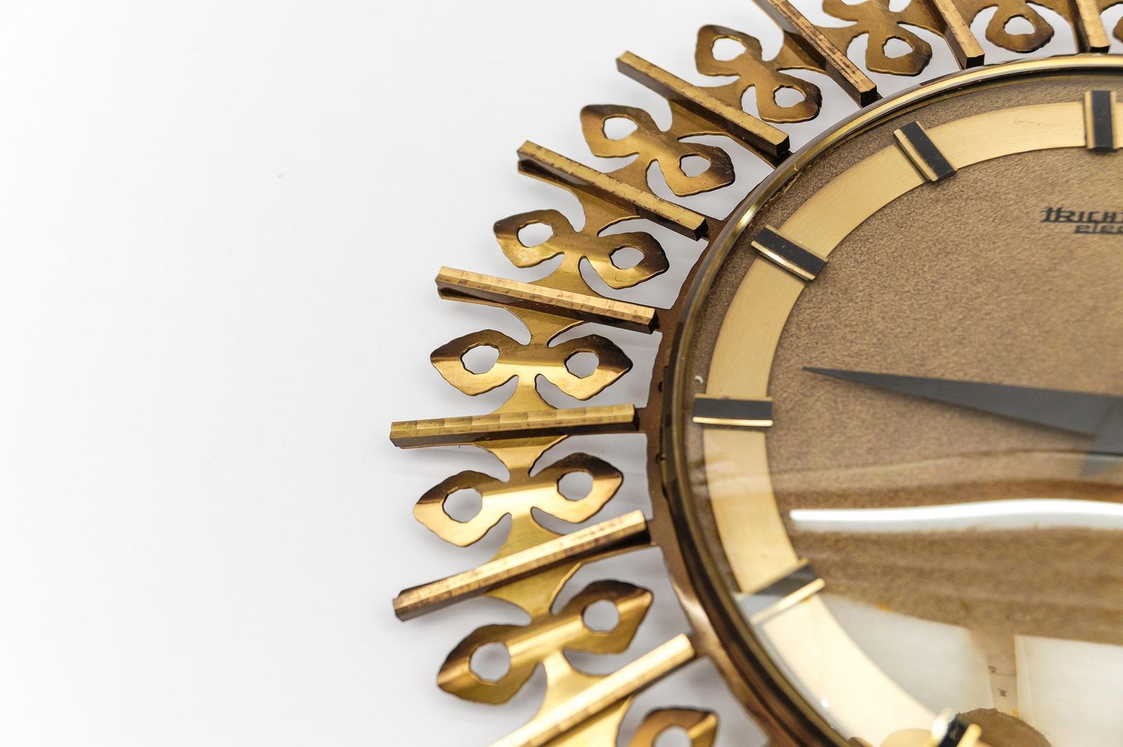 Mid Century Modern Sunburst Wall Clock By Trichter In Brass, 1960s Germany photo vintage
