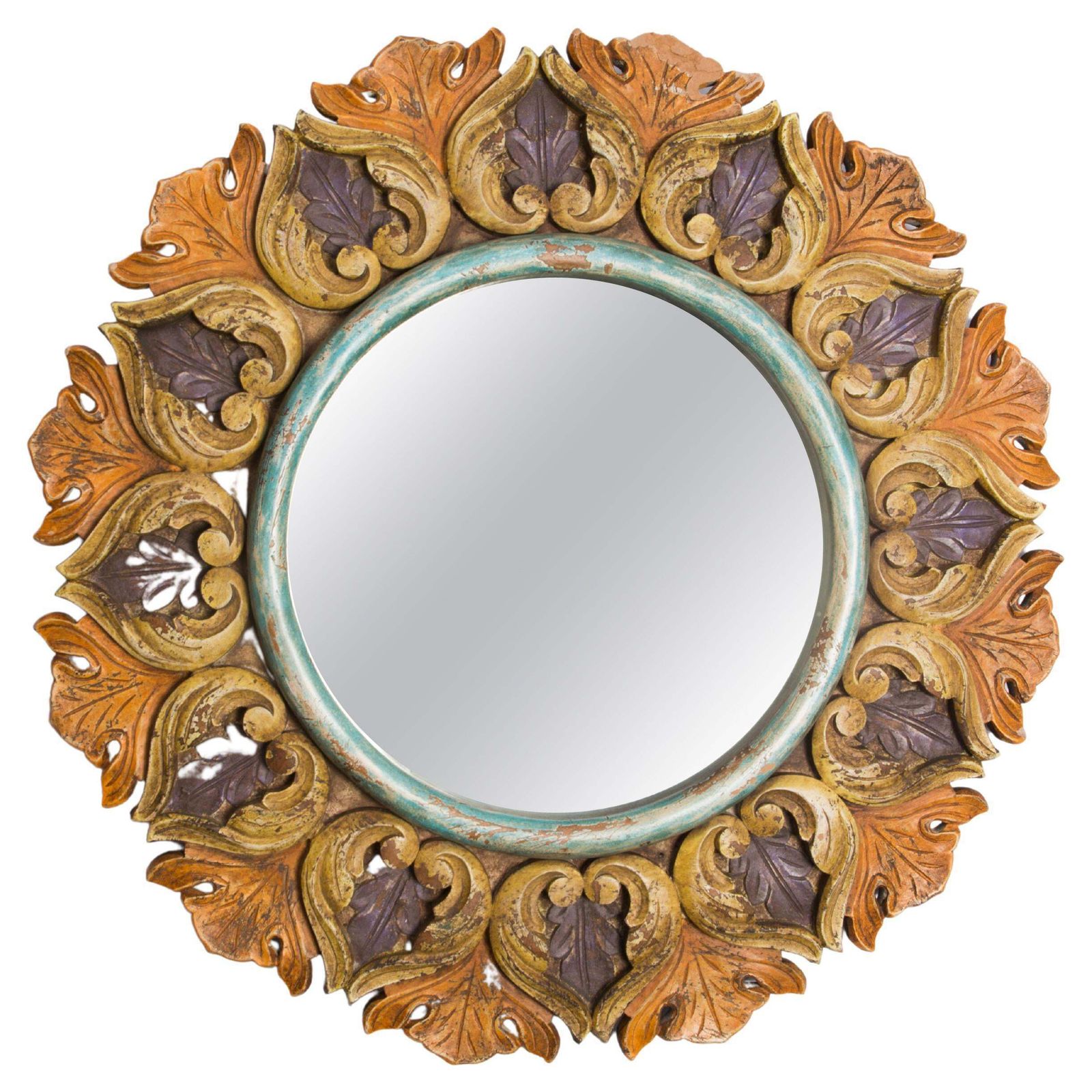 Midcentury Big Decorative Flowers Wood Original Glass Mirror, Italy, 1960s